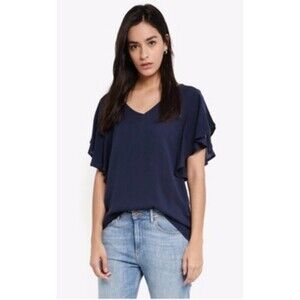 ICHI Marrakech SS3 Ruffle Sleeve T-Shirt Top in Total Eclipse Navy Size M